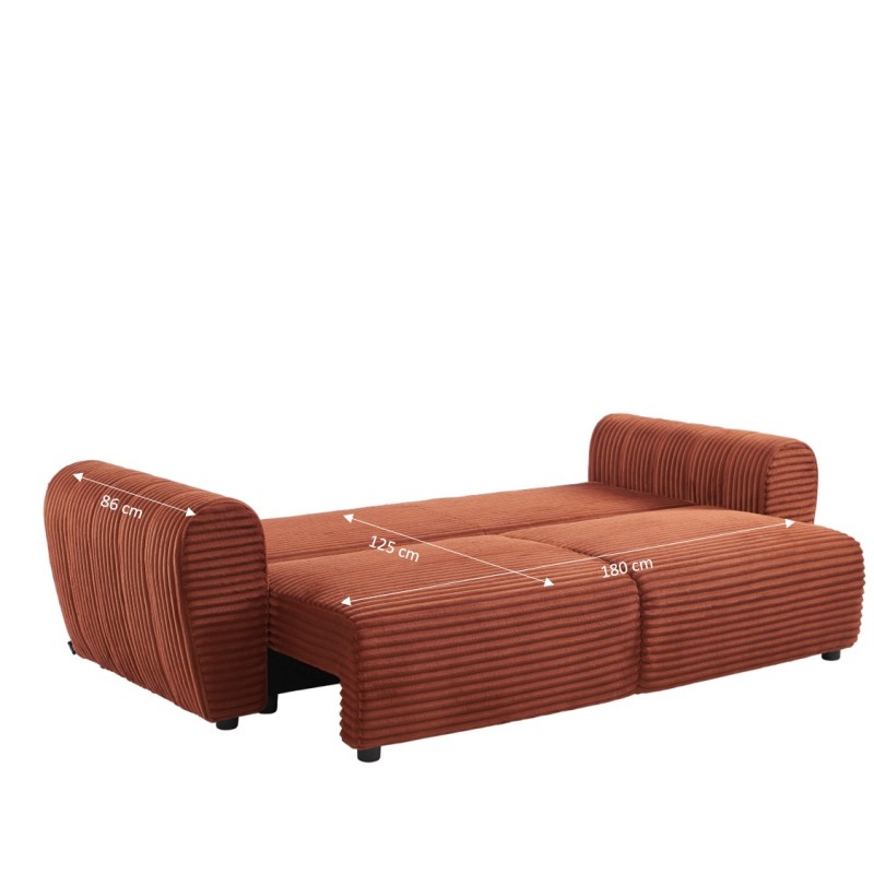 Canapé droit convertible LOIC en velours côtelé terracotta 3 places