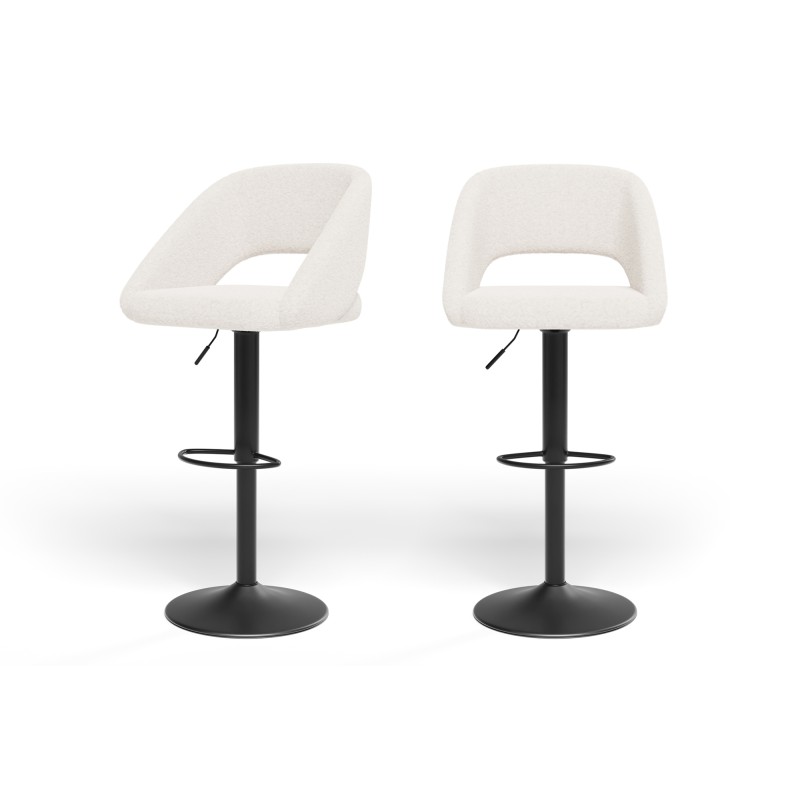 Lot de 2 tabourets de bar LENNY tissu bouclette blanc piètement en métal noir