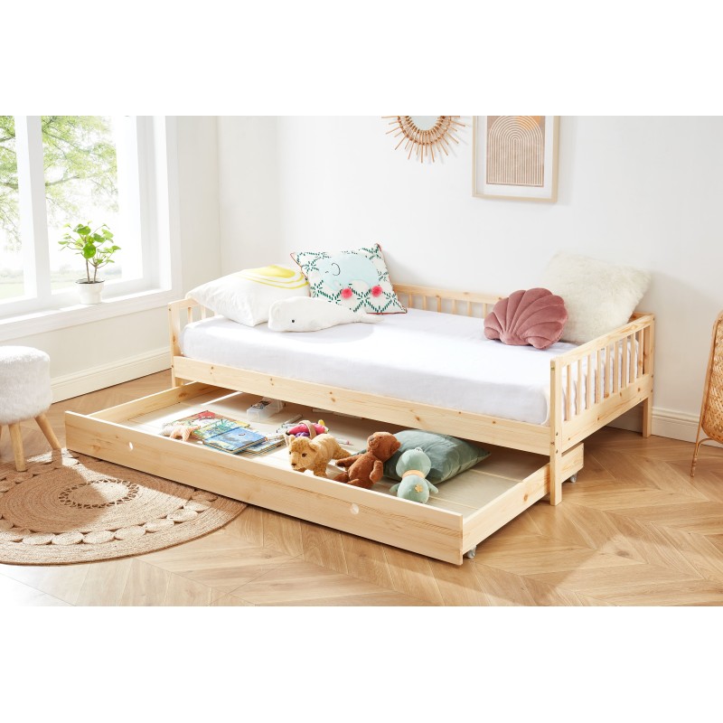 Lit enfant LOU avec tiroir  pin massif  90x190 sommier inclus