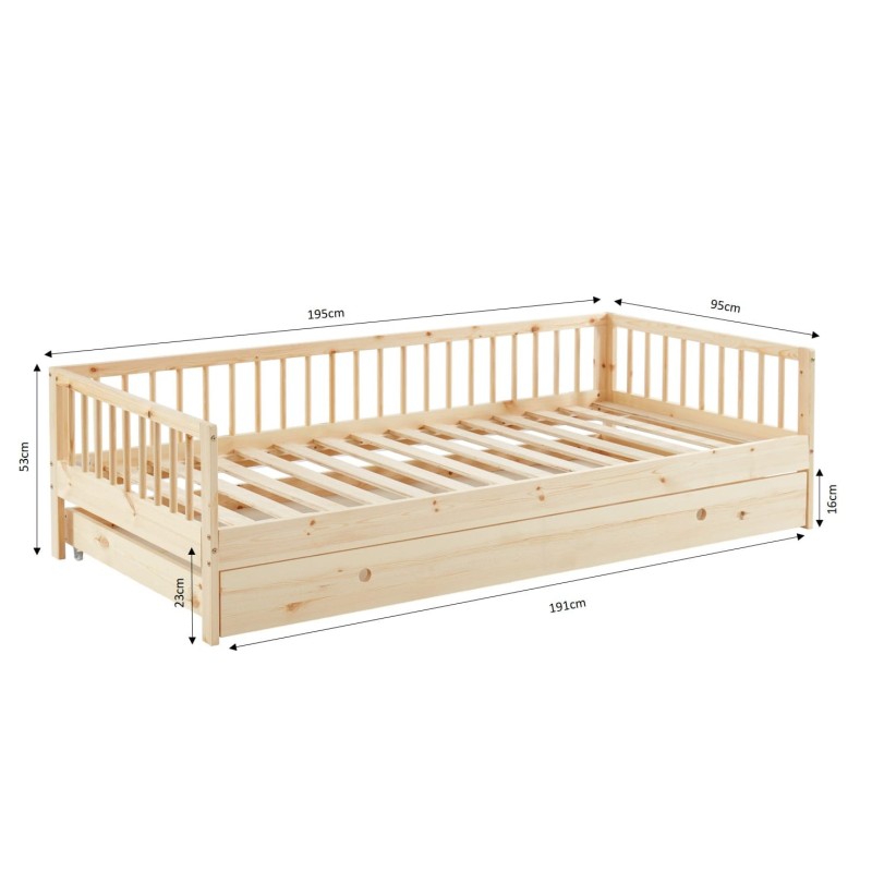 Lit enfant LOU avec tiroir  pin massif  90x190 sommier inclus