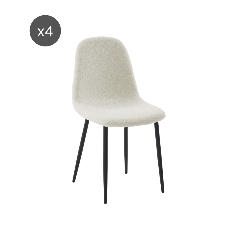 Lot de 4 chaises LENA tissu bouclette écru pieds métal noir