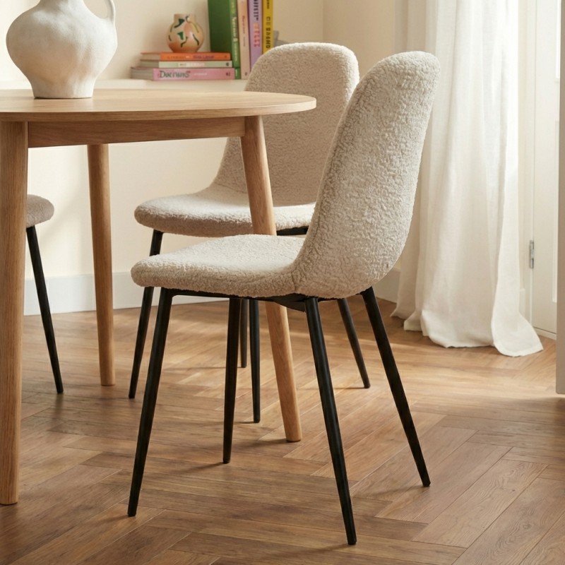 Lot de 4 chaises LENA tissu bouclette écru pieds métal noir