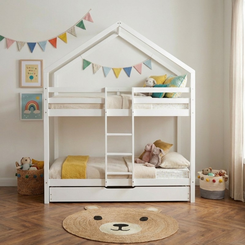 Lit cabane superposé TINY  pin blanc  90x190 sommier inclus