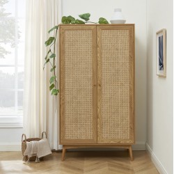 Armoire INES effet chêne et cannage rotin 2 portes 100cm