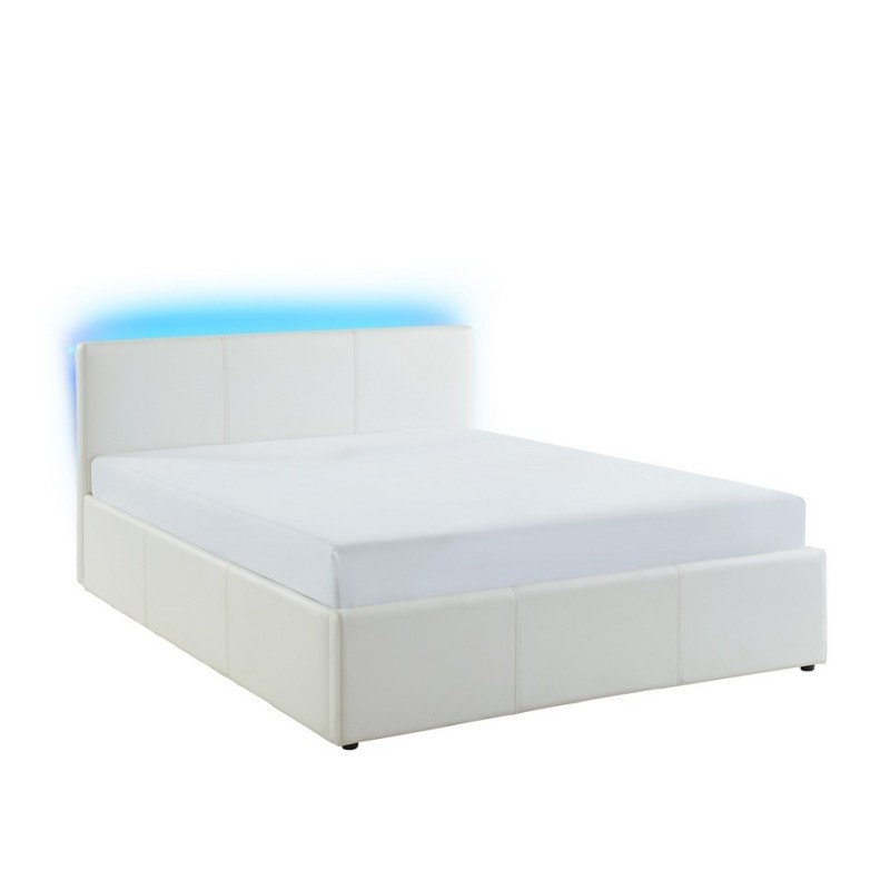 Lit coffre à led ASTRA  simili blanc  140x190 sommier inclus