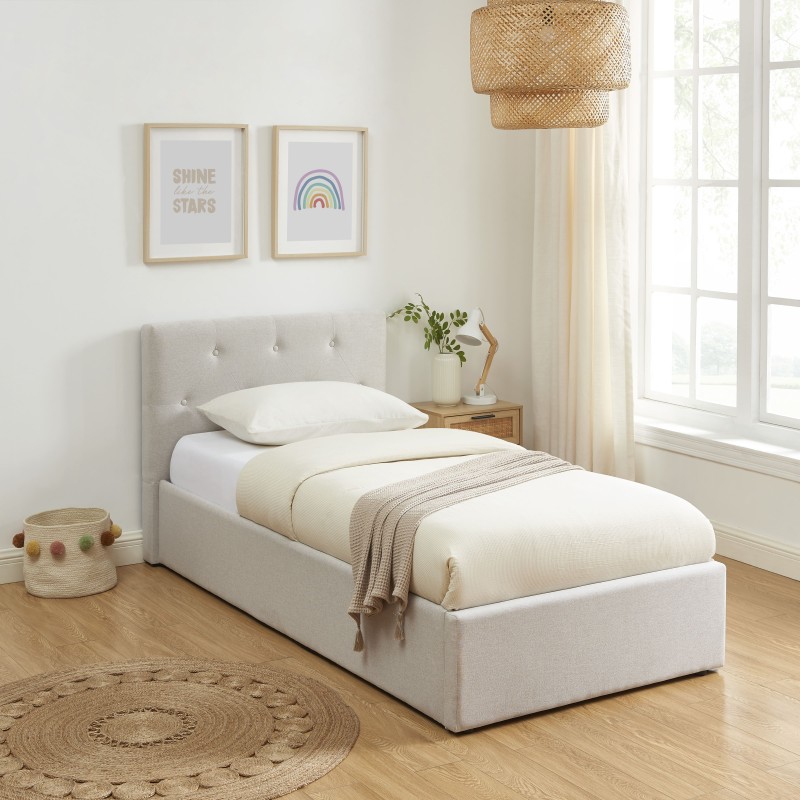 Lit coffre BAHIA tissu beige lin 90x190 sommier inclus