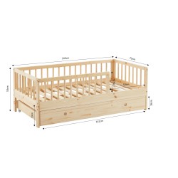 Lit enfant LOU avec tiroir  pin massif  70x140 sommier inclus