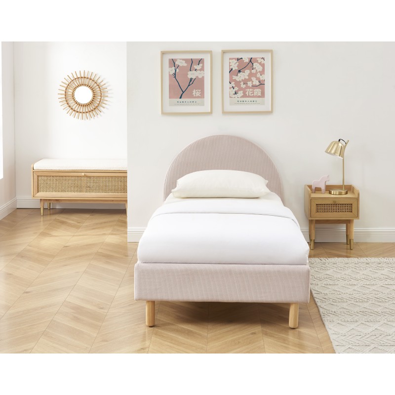 Lit enfant MAGNUS velours côtelé rose poudré 90x190 sommier inclus