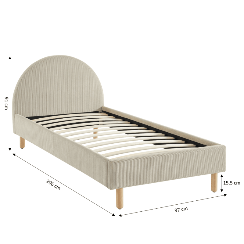 Lit enfant MAGNUS velours cotelé beige 90x190 sommier inclus