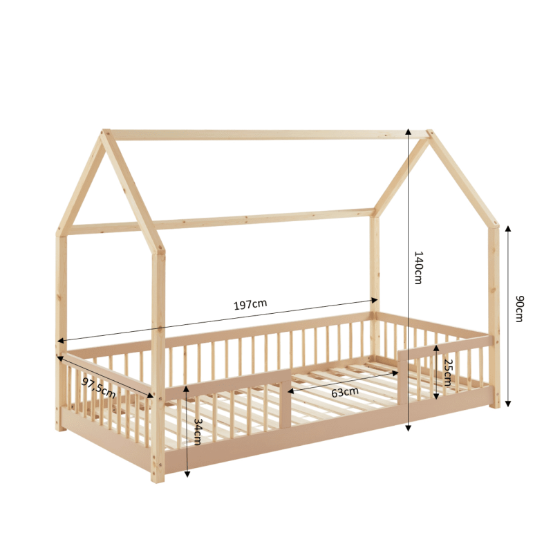 Lit cabane avec barrières TINY pin et rose 90x190cm sommier inclus