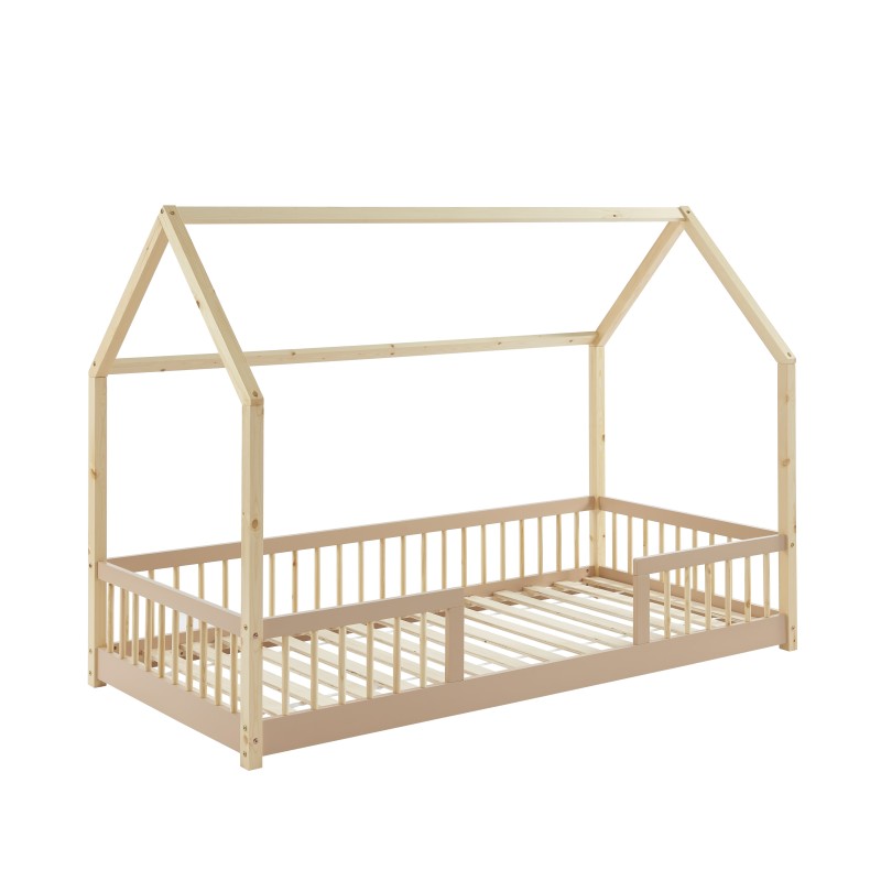 Lit cabane avec barrières TINY pin et rose 90x190cm sommier inclus