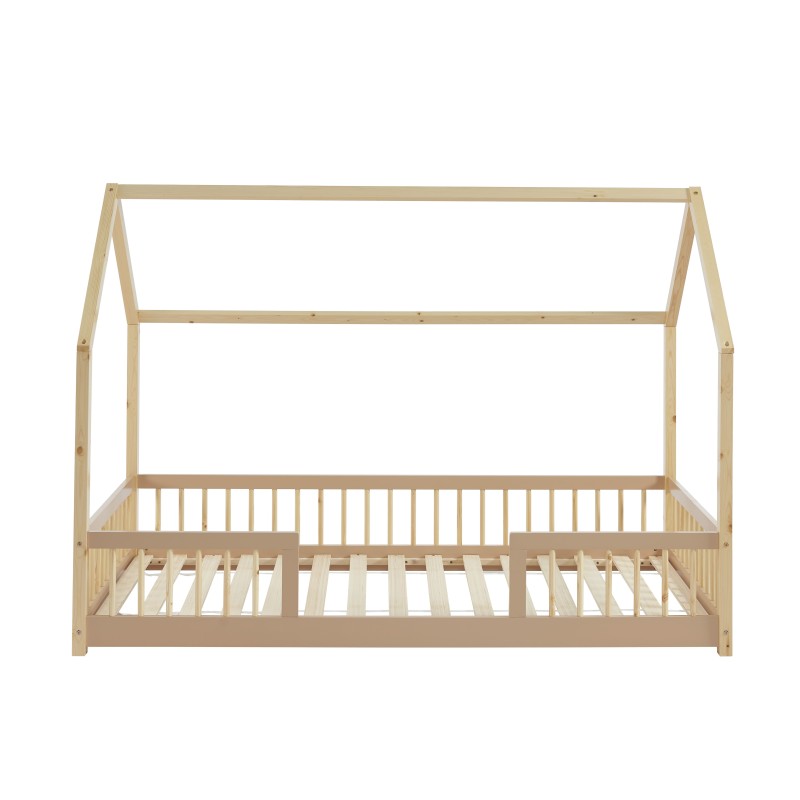 Lit cabane avec barrières TINY pin et rose 90x190cm sommier inclus