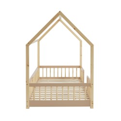 Lit cabane avec barrières TINY pin et rose 90x190cm sommier inclus