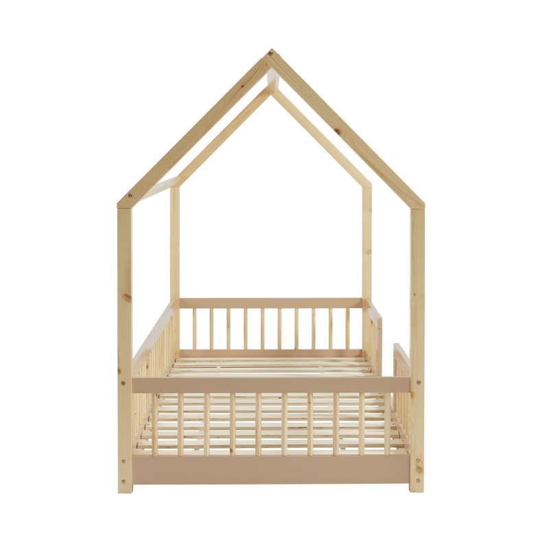 Lit cabane avec barrières TINY pin et rose 90x190cm sommier inclus