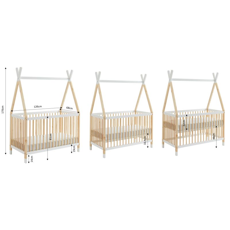 Lit bébé TIPI pin et blanc 60x120 sommier inclus