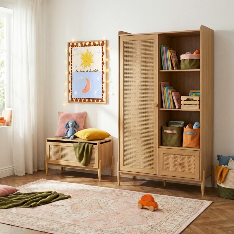 Armoire PABLO effet bois et cannage rotin 1 porte et 1 tiroir