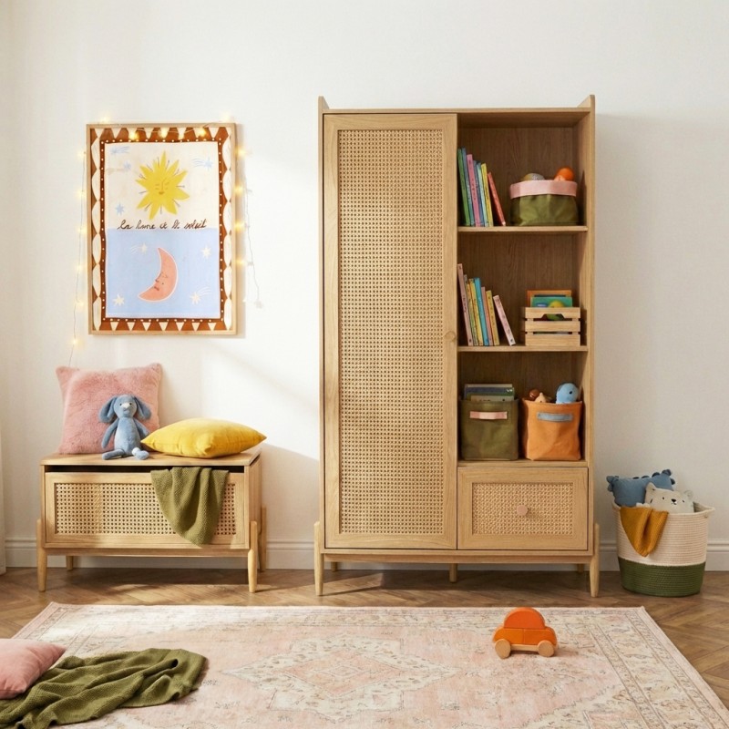 Armoire PABLO effet bois et cannage rotin 1 porte et 1 tiroir